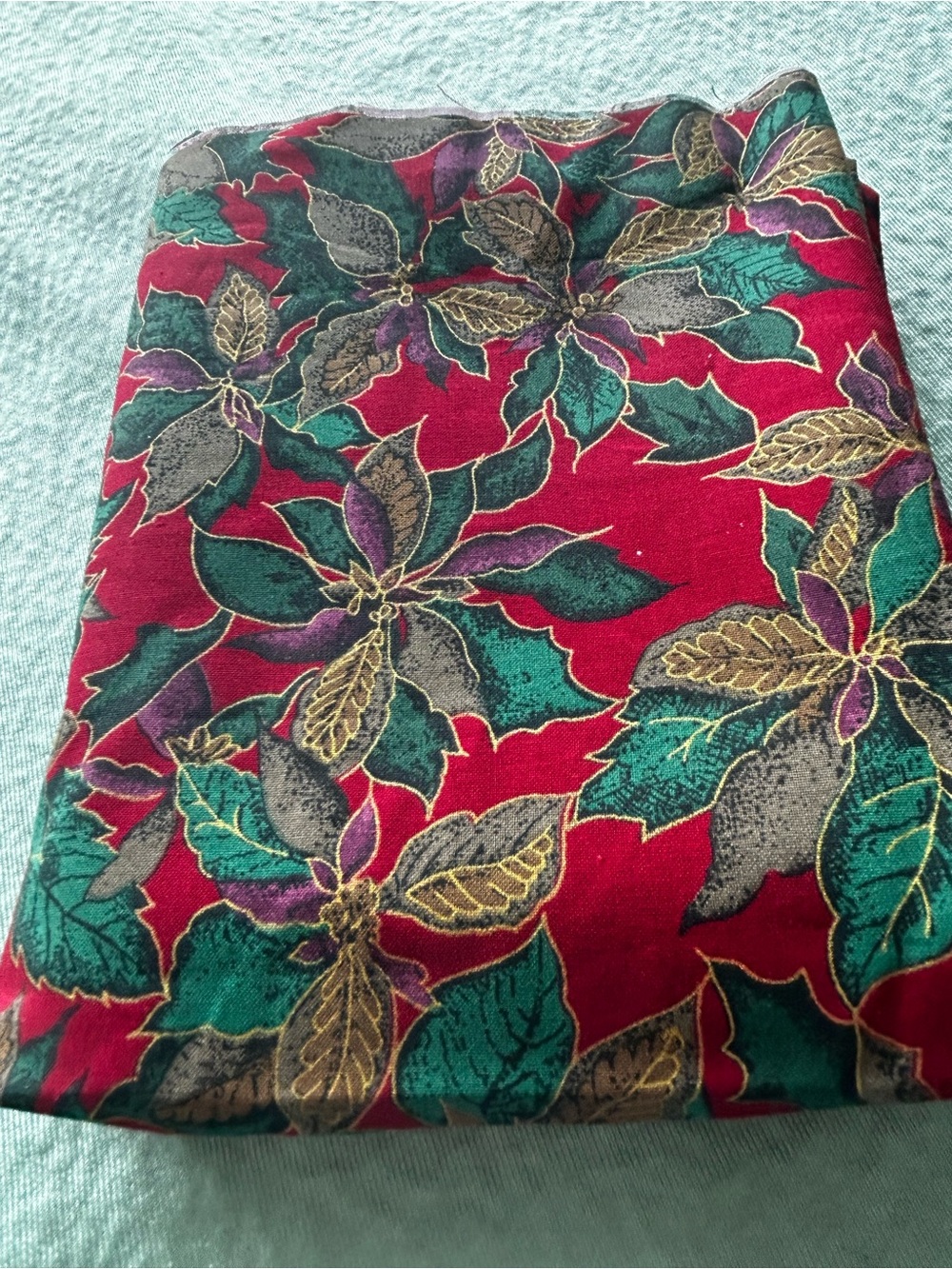 Holiday Poinsettia Christmas fabric- Red with Green & Gold Leaves- 60” by 42”